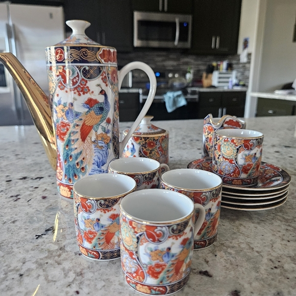 Vintage Imari Style Porcelain Demitasse Coffee Set 13 Pc Made in Japan Peacock - Picture 1 of 9